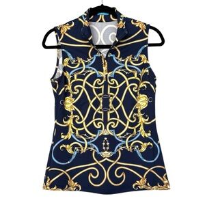 J. McLaughlin Patterned Quarter Zip Blouse‎ Navy Blue & Gold